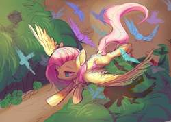 Size: 2600x1850 | Tagged: safe, artist:leafywind, fluttershy, bird, pegasus, pony, g4, female, flying, forest, mare, solo