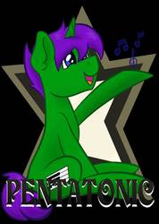 Size: 755x1058 | Tagged: safe, artist:cadetredshirt, oc, oc only, oc:pentatonic, pony, unicorn, badge, full body, green coat, horn, looking up, simple background, sitting, solo, stars, text