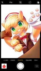 Size: 1933x3325 | Tagged: safe, artist:leafywind, applejack, earth pony, semi-anthro, g4, arm hooves, bao, bowtie, camera shot, clothes, cute, female, food, jackabetes, phone, plate, solo, starry eyes, waitress, wingding eyes