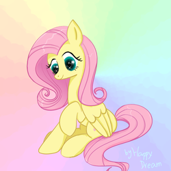 Size: 720x720 | Tagged: safe, fluttershy, pegasus, pony, g4, cute, female, gradient background, mare, raised hoof, shyabetes, sitting, smiling, solo, sparkly eyes