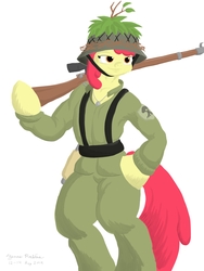 Size: 1800x2400 | Tagged: safe, artist:rockhoppr3, apple bloom, semi-anthro, g4, arm hooves, clothes, colored, dog tags, female, gun, helmet, rifle, signature, simple background, sniper rifle, solo, uniform, weapon, world war ii