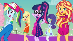 Size: 1920x1080 | Tagged: safe, screencap, applejack, fluttershy, pinkie pie, rainbow dash, rarity, sci-twi, sunset shimmer, twilight sparkle, equestria girls, equestria girls series, g4, i'm on a yacht, spoiler:eqg series (season 2), ass, baseball cap, butt, cap, cute, dancing, dashabetes, female, geode of empathy, geode of fauna, geode of shielding, geode of super speed, geode of super strength, geode of telekinesis, glasses, happy, hat, humane five, humane seven, humane six, jackabetes, legs, lidded eyes, looking at you, magical geodes, offscreen character, ponytail, rainbutt dash, shimmerbetes, sleeveless, smiling, sunglasses, twiabetes