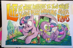 Size: 2048x1361 | Tagged: safe, artist:andy price, idw, spike, twilight sparkle, alicorn, dragon, pony, g4, spoiler:comic, apple, batman, book, claws, comic, covering, cute, female, food, gem, john lennon, male, mare, reading, relaxing, soda, spikabetes, spikelove, superman, toes, traditional art, twiabetes, twilight sparkle (alicorn), wing covering, winged spike, wings, wonder woman