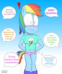 Size: 1075x1280 | Tagged: safe, artist:tvideshow, rainbow dash, anthro, g4, animal print underwear, belly button, blushing, breasts, cat print underwear, clothes, dialogue, embarrassed, embarrassed underwear exposure, female, gradient background, implied applejack, implied fluttershy, implied pinkie pie, implied rarity, implied twilight sparkle, panties, pants, pants down, pink underwear, short shirt, shorts, silly panties, solo, thinking, underwear, wardrobe malfunction, x3