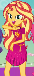 Size: 485x1078 | Tagged: safe, screencap, sunset shimmer, equestria girls, g4, i'm on a yacht, my little pony equestria girls: better together, cropped, cruise outfit, dancing, female, geode of empathy, lidded eyes, looking at you, magical geodes, smiling