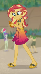 Size: 282x502 | Tagged: safe, screencap, paisley, sandalwood, starlight, sunset shimmer, equestria girls, g4, my little pony equestria girls: better together, x marks the spot, bikini, clothes, feet, male, male feet, sandals, sarong, sleeveless, striped swimsuit, swimsuit
