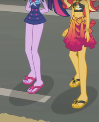 Size: 436x536 | Tagged: safe, screencap, sci-twi, sunset shimmer, twilight sparkle, equestria girls, g4, my little pony equestria girls: better together, x marks the spot, bikini, clothes, duo, feet, geode of empathy, geode of telekinesis, legs, magical geodes, pictures of legs, sandals, sarong, swimsuit
