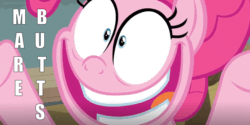 Size: 1280x641 | Tagged: safe, edit, edited screencap, screencap, pinkie pie, earth pony, pony, a trivial pursuit, g4, butts, caption, dialogue, female, gif, image macro, insanity, lesbian, non-animated gif, smiling, teeth, text