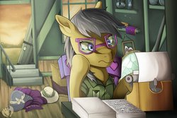 Size: 3600x2400 | Tagged: safe, artist:kenisu-of-dragons, a.k. yearling, daring do, pegasus, pony, g4, a.k. yearling's cottage, book, clothes, door, dress, featured image, female, glasses, hat, high res, hoof on chin, open door, paper, solo, thinking, typewriter, watermark