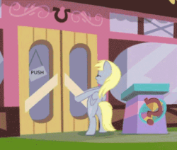 Size: 430x364 | Tagged: safe, edit, edited screencap, screencap, derpy hooves, pegasus, pony, a trivial pursuit, g4, animated, bipedal, cropped, eyes closed, female, gif, mare, out of context, solo, struggling