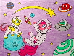 Size: 3482x2643 | Tagged: safe, fluttershy, gummy, pinkie pie, earth pony, pegasus, pony, g4, asteroid, astronaut, astronaut pinkie, floating, flying saucer, happy, high res, moon, planet, rocket, shooting star, space, spacesuit, stars, traditional art