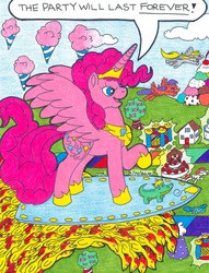 Size: 1648x2155 | Tagged: safe, artist:jamestkelley, official comic, derpy hooves, gummy, party favor, pinkie pie, alicorn, pony, g4, spoiler:comic, spoiler:comic57, alicornified, board game, bubblegum, cake, chaos, cherry, cloud, cotton candy, cowering, crown, female, flying, food, gum, hat, house, ice cream, jewelry, male, party hat, peppermint, pinkiecorn, ponyville, princess of chaos, princess pinkie pie, race swap, reality warp, regalia, rubber chicken, running, sundae, surfing, tree, whipped cream, xk-class end-of-the-world scenario