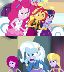 Size: 896x1014 | Tagged: safe, edit, edited screencap, screencap, fuchsia blush, lavender lace, pinkie pie, sci-twi, sunset shimmer, trixie, twilight sparkle, equestria girls, equestria girls specials, g4, my little pony equestria girls: better together, my little pony equestria girls: rainbow rocks, my little pony equestria girls: rollercoaster of friendship, bowtie, clothes, geode of empathy, geode of sugar bombs, geode of telekinesis, glasses, jacket, leather, leather jacket, magical geodes, ponytail, tank top, trixie and the illusions