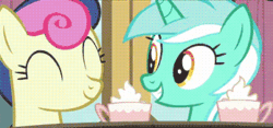 Size: 347x162 | Tagged: safe, screencap, bon bon, lyra heartstrings, sweetie drops, earth pony, pony, a trivial pursuit, g4, animated, female, shipping fuel