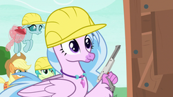 Size: 1280x720 | Tagged: safe, edit, edited screencap, screencap, applejack, ocellus, sandbar, silverstream, changedling, changeling, classical hippogriff, earth pony, hippogriff, pony, non-compete clause, cowboy hat, delet this, female, flying, gun, handgun, hard hat, hat, jewelry, male, mare, necklace, nes zapper, nintendo, no trigger discipline, pistol, reaction image, teenager, weapon, zapper