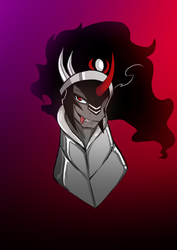 Size: 1240x1754 | Tagged: safe, artist:commissarbu, king sombra, pony, g4, bust, grin, male, portrait, red background, simple background, smiling, smirk, solo, tongue out