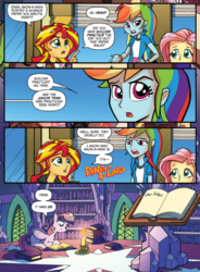 Size: 890x1207 | Tagged: safe, artist:tonyfleecs, edit, fluttershy, rainbow dash, sunset shimmer, twilight sparkle, alicorn, equestria girls, g4, idw, spoiler:comic, spoiler:comicholiday2014, anon-a-miss, candle, library, plot twist, royal we, twilight sparkle (alicorn), what a twist