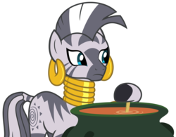 Size: 3584x2800 | Tagged: safe, artist:sketchmcreations, zecora, zebra, 2 4 6 greaaat, g4, cauldron, ear piercing, earring, female, frown, high res, jewelry, neck rings, piercing, quadrupedal, simple background, solo, stirring, transparent background, vector