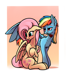 Size: 1355x1555 | Tagged: safe, artist:hc0, fluttershy, rainbow dash, pegasus, pony, g4, chest fluff, female, floppy ears, flower, lesbian, lidded eyes, looking away, mare, mouth hold, rose, ship:flutterdash, shipping, shoulder fluff