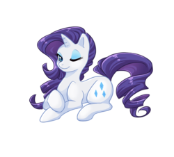 Size: 999x902 | Tagged: artist needed, source needed, safe, rarity, pony, unicorn, g4, female, looking at you, mare, one eye closed, prone, simple background, solo, transparent background, white outline, wink