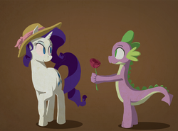Size: 875x647 | Tagged: safe, artist:paper-pony, rarity, spike, dragon, pony, g4, female, flower, hat, looking at each other, male, mare, no pupils, one leg raised, rose, ship:sparity, shipping, simple background, straight
