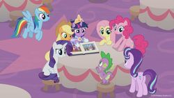 Size: 1280x720 | Tagged: safe, screencap, applejack, fluttershy, pinkie pie, rainbow dash, rarity, spike, starlight glimmer, twilight sparkle, alicorn, dragon, deep tissue memories, harvesting memories, memories and more, the last problem, spoiler:deep tissue memories, spoiler:harvesting memories, spoiler:memories and more, spoiler:mlp friendship is forever, bipedal, bipedal leaning, book, clothes, coronation dress, crown, dress, jewelry, leaning, mane seven, mane six, messy mane, regalia, second coronation dress, table, twilight sparkle (alicorn), winged spike, wings