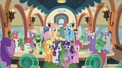 Size: 1280x720 | Tagged: safe, screencap, amethyst star, applejack, ballet jubilee, dawnlighter, derpy hooves, fluttershy, goldy wings, green sprout, loganberry, midnight snack (g4), peppe ronnie, pinkie pie, rainberry, rainbow dash, rainbow stars, rarity, silver script, sparkler, spike, star bright, tender brush, twilight sparkle, winter lotus, alicorn, dragon, earth pony, pegasus, pony, unicorn, g4, background pony, bird cage, colt, comic book, female, filly, friendship student, male, mane seven, mane six, mare, stallion, train, twilight sparkle (alicorn), winged spike, wings