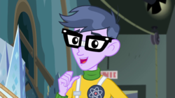 Size: 1280x720 | Tagged: safe, screencap, microchips, all the world's off stage, equestria girls, equestria girls series, g4, all the world's off stage: micro chips, clothes, cyoa, glasses, male, smiling, solo