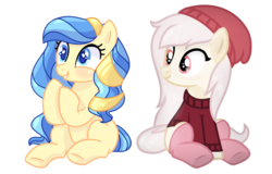 Size: 802x512 | Tagged: safe, artist:amgiwolf, oc, oc only, oc:glacies lucet, oc:lizzy, earth pony, pony, base used, clothes, duo, earth pony oc, eyelashes, female, hat, mare, simple background, sitting, socks, sweater, transparent background