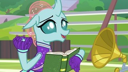 Size: 1920x1080 | Tagged: safe, screencap, ocellus, changedling, changeling, 2 4 6 greaaat, g4, book, cheerleader ocellus, cheerleader outfit, clothes, female, gramophone, solo