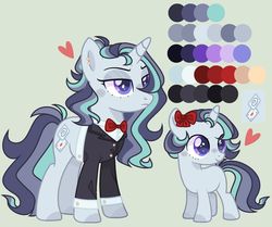Size: 1280x1072 | Tagged: safe, artist:nocturnal-moonlight, oc, oc only, oc:hypnotic spells, pony, unicorn, bow, clothes, female, filly, hair bow, heart, magical lesbian spawn, mare, offspring, parent:starlight glimmer, parent:trixie, parents:startrix, reference sheet, simple background, solo, suit