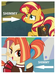 Size: 3106x4096 | Tagged: safe, edit, edited screencap, screencap, shimmy shake, sunset shimmer, pony, unicorn, 2 4 6 greaaat, equestria girls, equestria girls specials, g4, my little pony equestria girls: better together, my little pony equestria girls: forgotten friendship, captain obvious, caption arrow, cute, know the difference, nickname, shakeabetes, shimmerbetes, shimmy