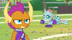 Size: 1920x1080 | Tagged: safe, screencap, ocellus, smolder, changedling, changeling, dragon, 2 4 6 greaaat, g4, cheerleader ocellus, cheerleader outfit, cheerleader smolder, clothes, confetti, cute, diaocelles, smolder is not amused, unamused