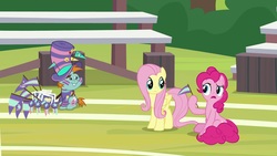 Size: 1920x1080 | Tagged: safe, screencap, fluttershy, pinkie pie, snips, pony, 2 4 6 greaaat, g4, flag, hat