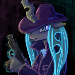 Size: 1000x1000 | Tagged: safe, artist:myr2a, queen chrysalis, changeling, changeling queen, semi-anthro, g4, arm hooves, clothes, detective, female, floppy ears, gun, hat, hoof hold, jacket, magic, noir, solo, telekinesis, weapon