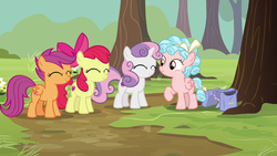 Size: 1280x720 | Tagged: safe, screencap, apple bloom, cozy glow, scootaloo, sweetie belle, earth pony, pegasus, pony, unicorn, g4, marks for effort, bag, cutie mark crusaders, female, filly, saddle bag