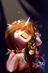 Size: 713x1080 | Tagged: safe, artist:teaflower300, oc, oc only, pony, unicorn, crepuscular rays, eyes closed, female, floppy ears, flower, flower in hair, mare, smiling, solo