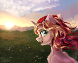 Size: 1873x1512 | Tagged: safe, artist:teaflower300, oc, oc only, pony, unicorn, chest fluff, female, floppy ears, flower, flower in hair, freckles, looking at you, mare, open mouth, scenery, solo, sun