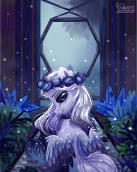 Size: 2000x2512 | Tagged: safe, artist:teaflower300, oc, oc only, pegasus, pony, black sclera, collar, colored wings, ethereal mane, female, floral head wreath, flower, garden, high res, looking at you, mare, smiling, snow, snowfall, solo, starry mane, starry wings, wings, ych result