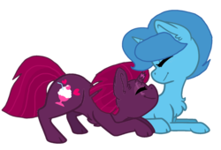 Size: 1585x1080 | Tagged: safe, alternate version, artist:徐詩珮, fizzlepop berrytwist, spring rain, tempest shadow, pony, unicorn, g4, background removed, base used, broken horn, cute, female, horn, lesbian, mare, nuzzling, ship:springshadow, shipping, simple background, springbetes, tempestbetes, transparent background