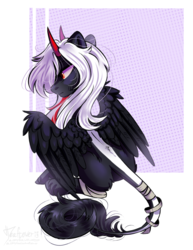 Size: 1892x2456 | Tagged: safe, artist:teaflower300, oc, oc only, alicorn, demon, demon pony, original species, pony, abstract background, alicorn oc, bandage, commission, horns, leonine tail, rear view, solo, spread wings, tail jewelry, wings
