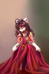 Size: 718x1080 | Tagged: safe, artist:teaflower300, oc, oc only, semi-anthro, abstract background, arm hooves, clothes, dress, ear fluff, female, glasses, hair over one eye, jewelry, looking at you, mare, solo, tiara, ych result