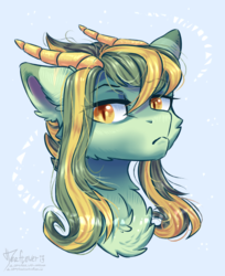 Size: 1516x1854 | Tagged: safe, artist:teaflower300, oc, oc only, original species, pony, abstract background, bust, cheek fluff, chest fluff, commission, ear fluff, female, floppy ears, frown, horns, lidded eyes, looking at you, mare, solo