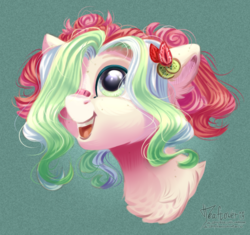 Size: 1559x1465 | Tagged: safe, artist:teaflower300, oc, oc only, pony, abstract background, bandaid, bandaid on nose, bust, chest fluff, commission, cute, ear fluff, ear piercing, earring, female, floppy ears, hair over one eye, jewelry, looking up, mare, ocbetes, open mouth, piercing, solo