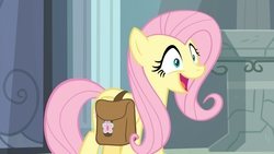 Size: 1920x1080 | Tagged: safe, screencap, fluttershy, pegasus, pony, daring doubt, g4, cute, female, mare, open mouth, saddle bag, shyabetes, smiling, solo