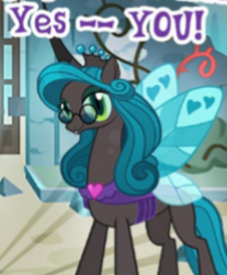 Size: 212x256 | Tagged: safe, gameloft, idw, queen chrysalis, changeling, changeling queen, g4, reflections, spoiler:comic, dork, dorkalis, female, glassalys, glasses, meme, mirror universe, reversalis, tonight you, wow! glimmer, yes, you