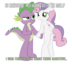 Size: 750x673 | Tagged: safe, artist:hoodie-stalker, edit, editor:undeadponysoldier, spike, sweetie belle, dragon, pony, unicorn, semi-anthro, g4, arm hooves, beautiful, caption, compliment, date, duo, female, handsome, holding hands, hoof on belly, hoof on hip, male, mare, older, older spike, pointing, ship:spikebelle, shipping, simple background, straight, teenage spike, teenage sweetie belle, teenaged dragon, teenager, text, vector, white background