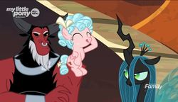 Size: 803x462 | Tagged: safe, screencap, cozy glow, lord tirek, queen chrysalis, changeling, changeling queen, frenemies (episode), g4, cozybetes, cute, discovery family logo, eyes closed, female, tongue out