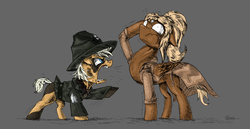 Size: 2840x1468 | Tagged: safe, artist:hilloty, oc, oc only, oc:firefly (fallout equestria: promise), oc:threnody, earth pony, pegasus, pony, fallout equestria, fallout equestria: promise, clothes, duo, female, filly, foal, gray background, hat, military uniform, ponytail, salute, simple background, sweat, teary eyes, uniform, yelling