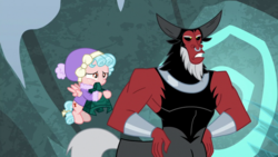 Size: 1920x1080 | Tagged: safe, screencap, cozy glow, lord tirek, centaur, pegasus, pony, frenemies (episode), g4, clothes, duo, female, filly, foal, grogar's bell, hand on hip, hat, male, nose piercing, nose ring, piercing, septum piercing, winter outfit